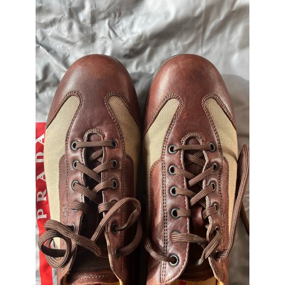 Authentic Prada Men's Size 9.5 Leather Low Trainers Brown w/Bag - Picture 13 of 14